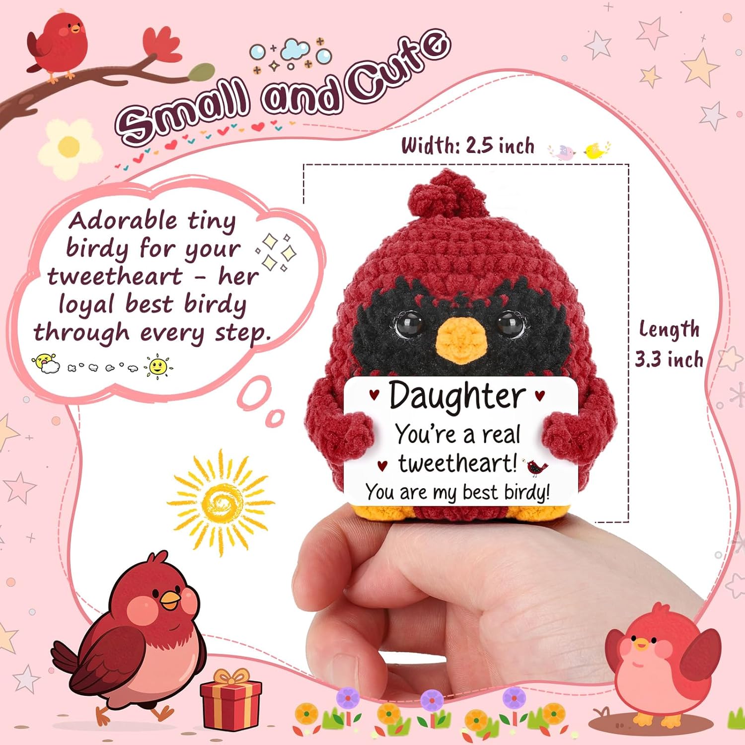 Mini Funny Red Bird Daughter Valentines Day Birthday Easter Gifts from Mom Dad, Cute Stuff Thing Positive Crochet Home Decor for Bonus Daughter Stepdaughter My Daughter in Law from Mother Father - Image 3