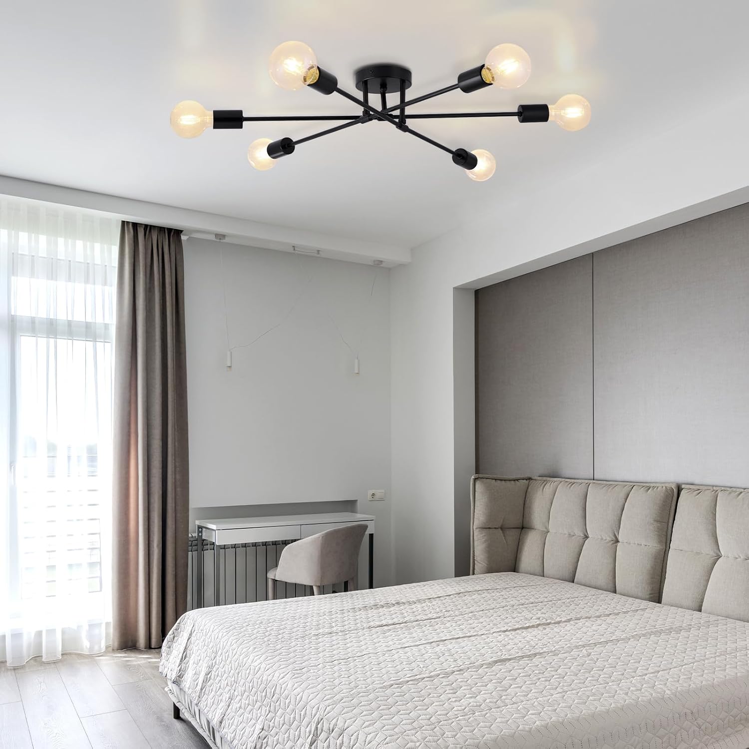 6-Light Sputnik Chandeliers, Black Modern Semi Flush Mount Ceiling Light with E26 Base, Mid Century Industrial Vintage Kitchen Farmhouse Light Fixtures for Dining Room Bedroom Living Room