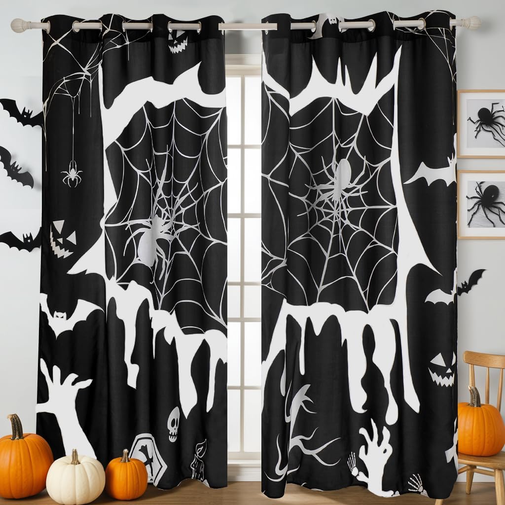 EVENHUG Halloween Curtains for Living Room Black Spider Web Window Curtains Drapes for Bedroom Festival Home Decorations (2 Panels, 55" W x 84" L)