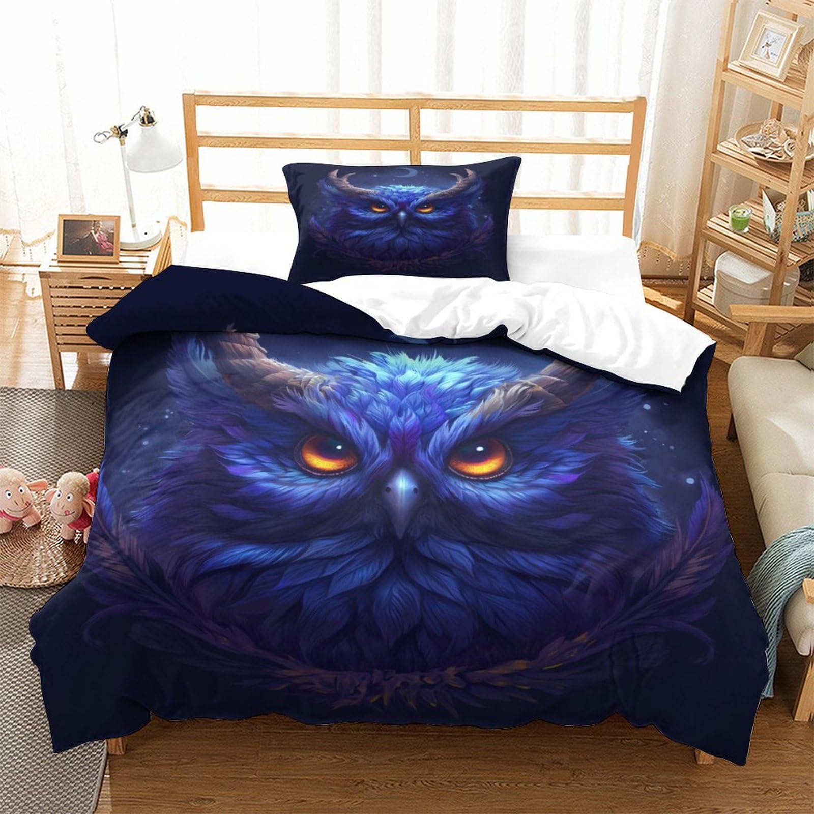 P1S9U7W5Y Mystic Night 3D Printed Owl Duvet Cover Set 3 Pieces Microfiber Bedroom Decor Owl Bedding Set for Adults Soft Breathable Single（135x200cm）