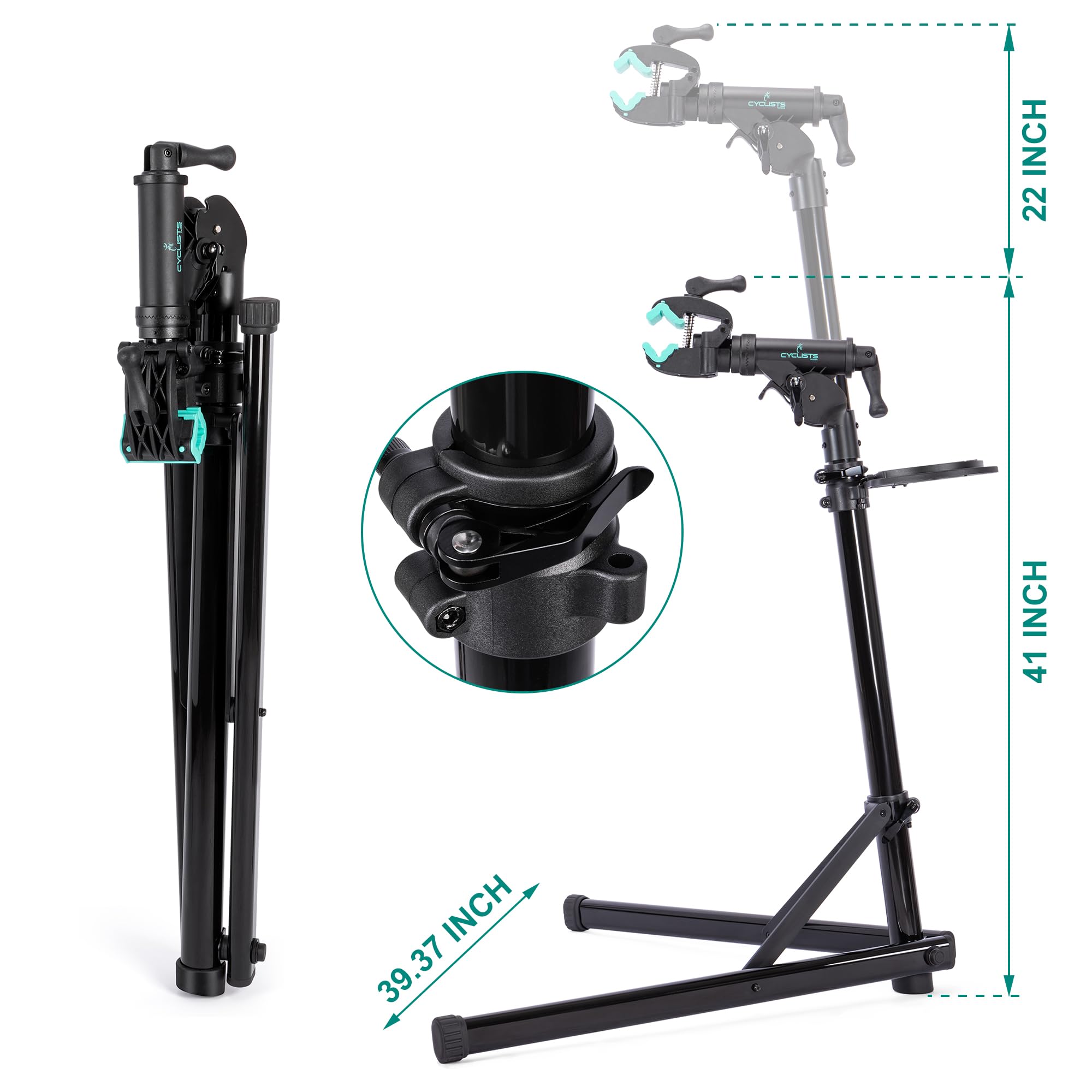cyclists Cavalletto Manutenzione Bici 50kg,Supporto Riparazione E-Bike Pieghevole in Alluminio,Altezza Regolabile,Rotazione 360°,Stand per MTB e Bici da Corsa (Nero)