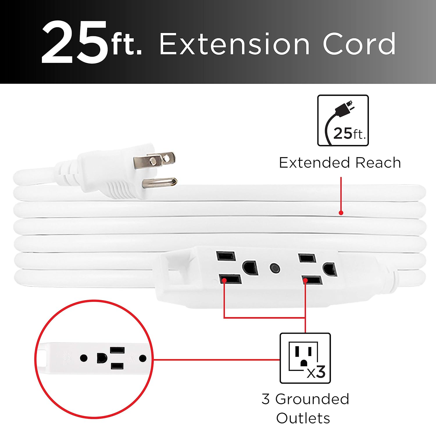 UltraPro 25 Ft Outdoor Extension Cord 2 Pack 3 Outlet Extension Cords Outlet Power Strip Short Extension Cord with Multiple Outlets Grounded Heavy Duty Extension Cord 16 Gauge UL Listed White 50812