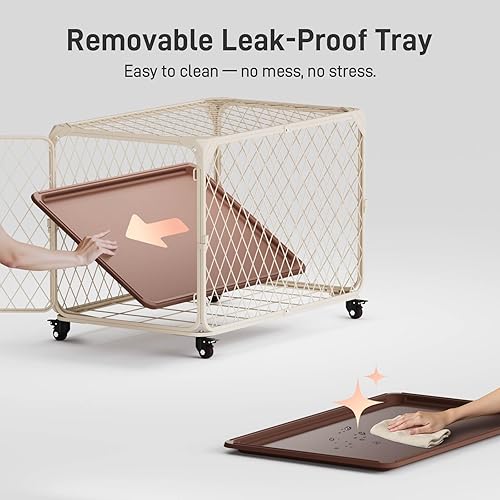 Miniatura 5 de Jaula para perros, perrera mejorada de malla de diamante de 36 pulgadas con 4 ruedas con bloqueo, bandeja a prueba de fugas, jaula de metal para