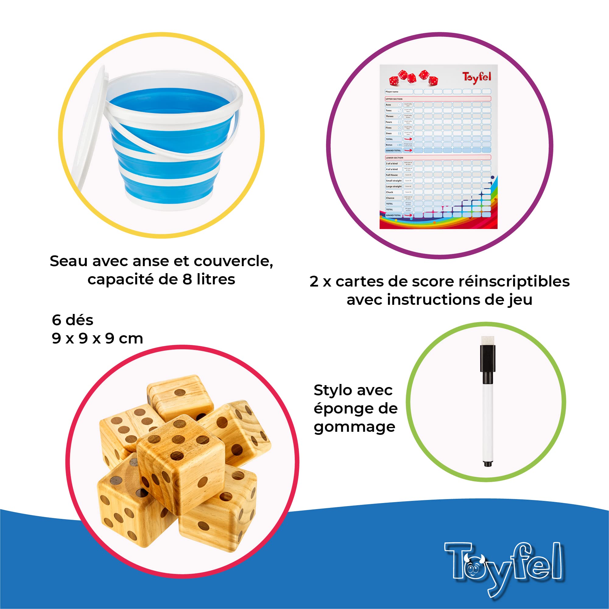 Toyfel Jeu de dés XXL Bois de pin FSC® intérieur et extérieur Enfants | géants 9cm 6 avec seau pliant pliable tableau à points lavable et crayon inclus de Certifié Adultes stylo inklapbare Chuck
