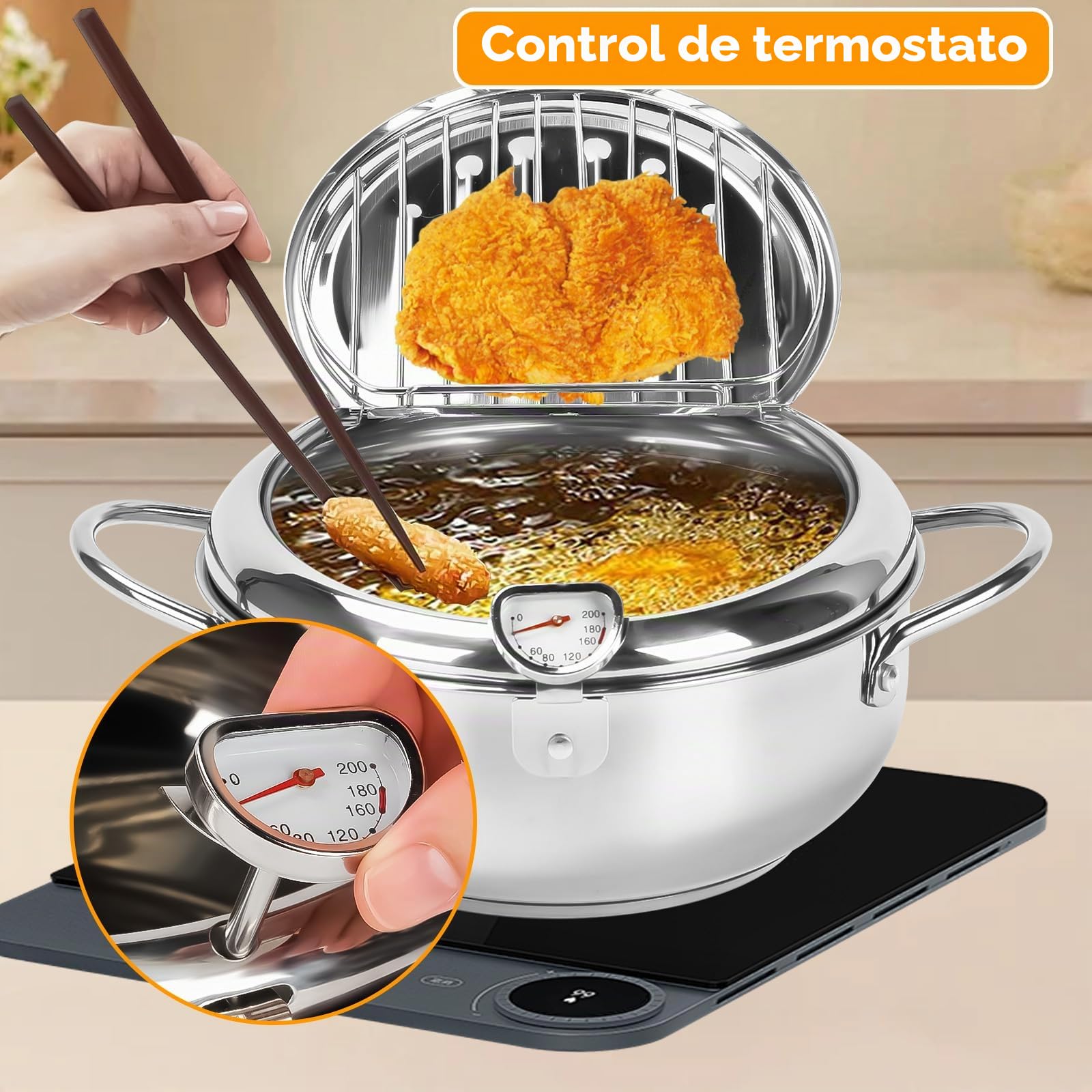 Olla Freidora Estilo Japonés Con Termómetro y Tapa - Tempura Freidora Pequeña de Acero Inoxidable Para Cocinar Papas Fritas (28cm)