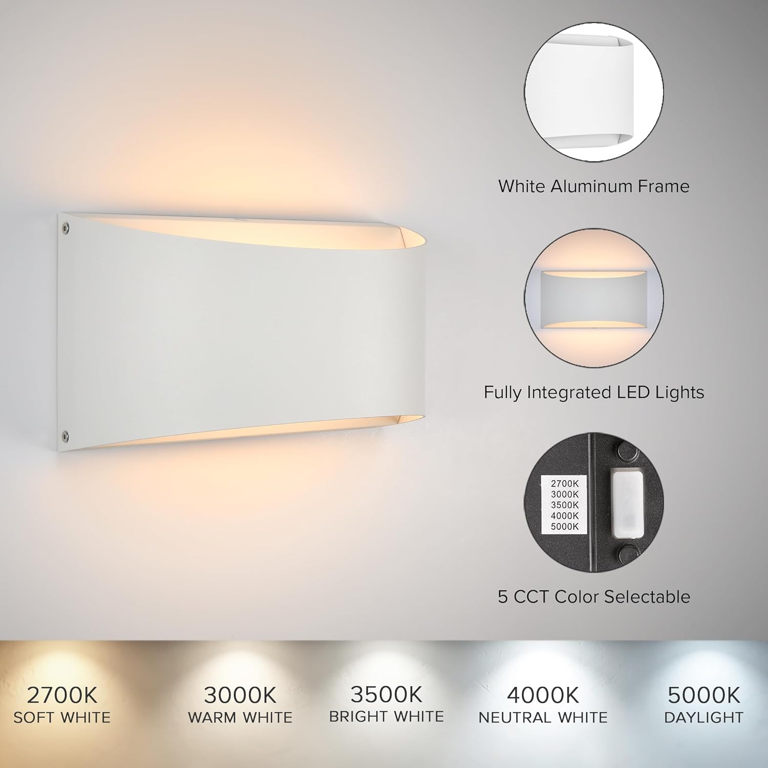 Maxxima LED Outdoor Wall Light, Modern Up and Down Sconce Light, Dimmable, 12 Watt, 800 Lumens, 5 CCT 2700K/3000K/3500K/4000K/5000K, White Wall Wash, Commercial or Residential
