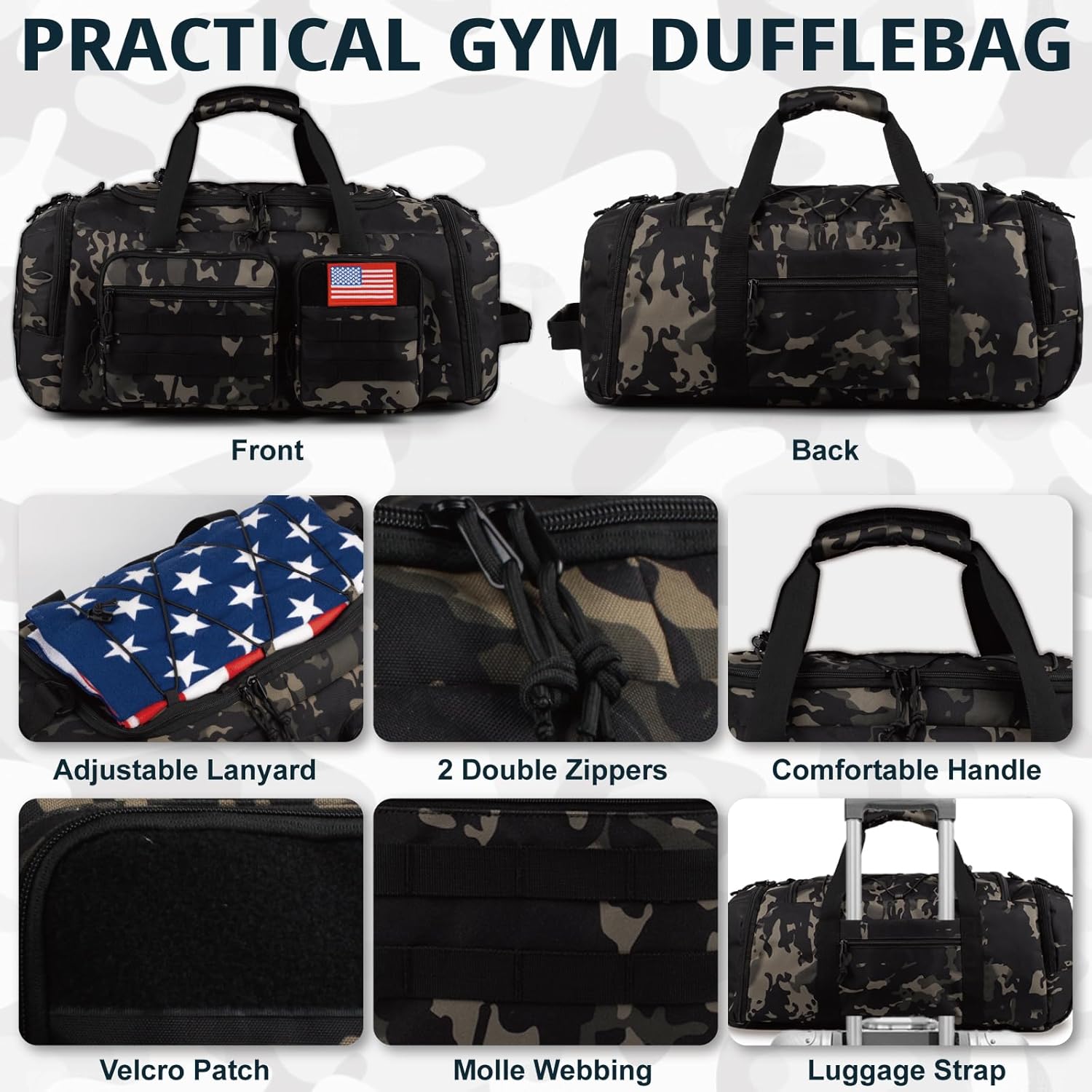 Tactical Gym Bag for Men,50L Large 3 in 1 Sports Duffle Bag with Shoes Compartment for Travel,Water Resistant Travel Backpack Weekender Overnight Bag with Wet Pocket for Women - Image 6
