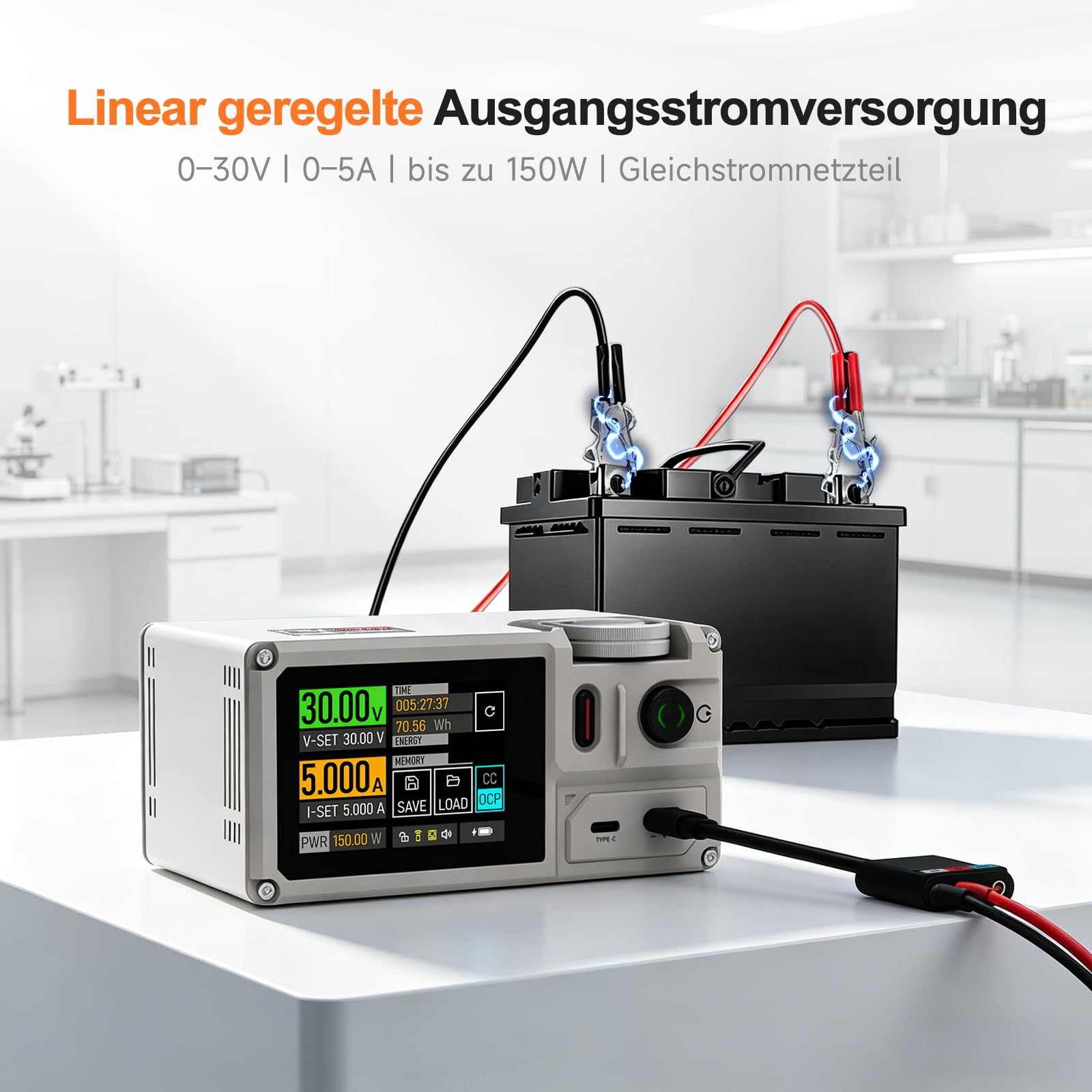 ISDT MP305B Programmierbares Labornetzteil 0–30 V / 0–5 A, 150 W, lineares DC-Netzgerät mit 2,8-Zoll-Touchscreen, USB-C PD 140 W, integriertem Akku und 10 Speichergruppen
