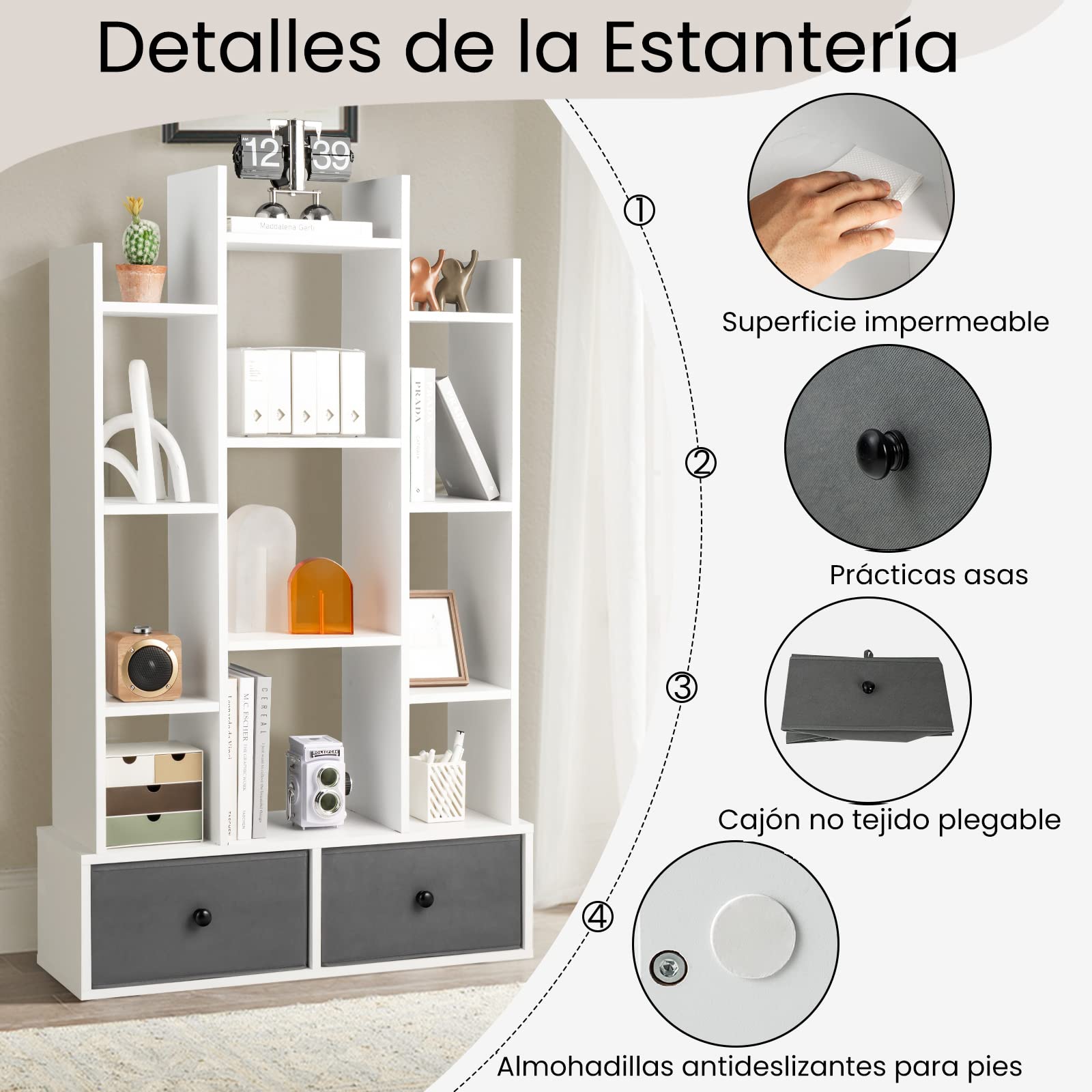 COSTWAY Estantería Librería de 12 Niveles con Cajón, Estabtería de Madera con 12 Compartimentos, Estudio, Sala de Estar, Dormitorio, 80 x 24 x 132cm (Blanco)