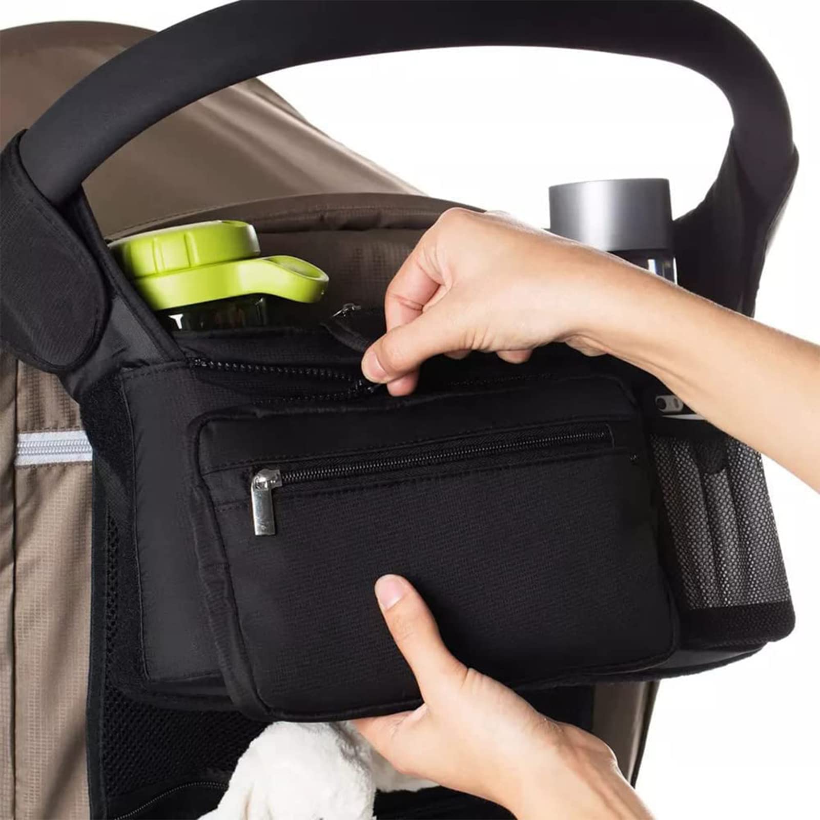 Baby Stroller Organizer Bag with 2 Insulated Cup Holder, Diaper Storage, Secure Straps, Detachable Bag, Pockets for Phone, Keys, Toys. Universal Stroller Accessories Fits For All Baby Strollers