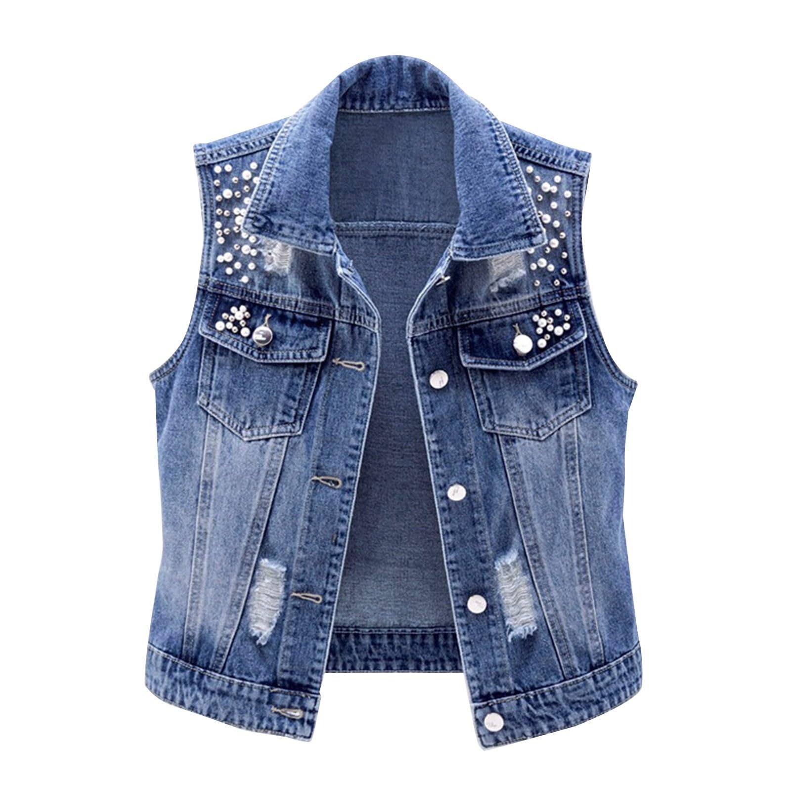 Gilet di jeans da donna, senza maniche, oversize, in jeans da donna, leggero, con perle, con bottoni, elegante, in denim