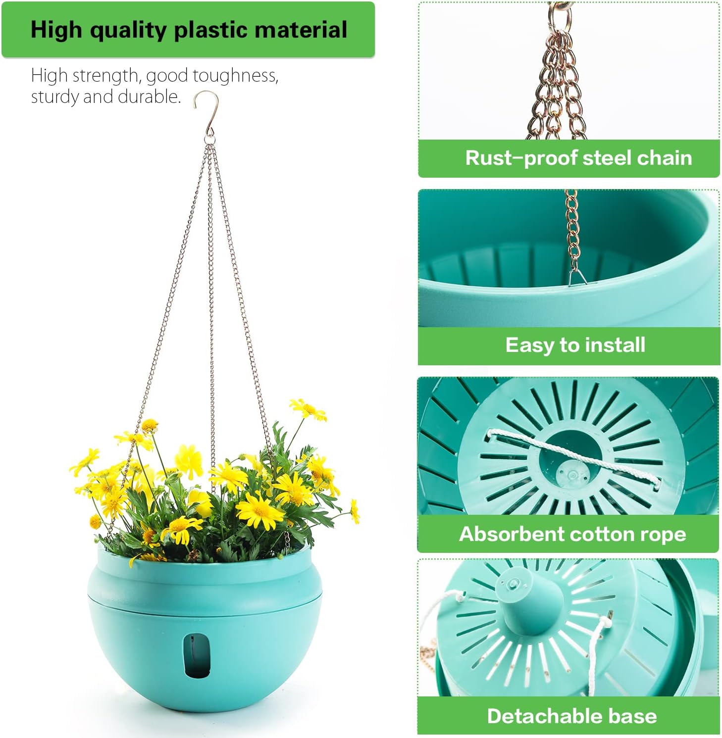 Sungmor 8.7" Dia. Self Watering Hanging Planters, Strong Plastic Bowl-shaped Hanging Flower Pots, Decorative Indoor Outdoor Hanging Basket, Garden House Porch Yard Detachable Base Suspended Plant Pots