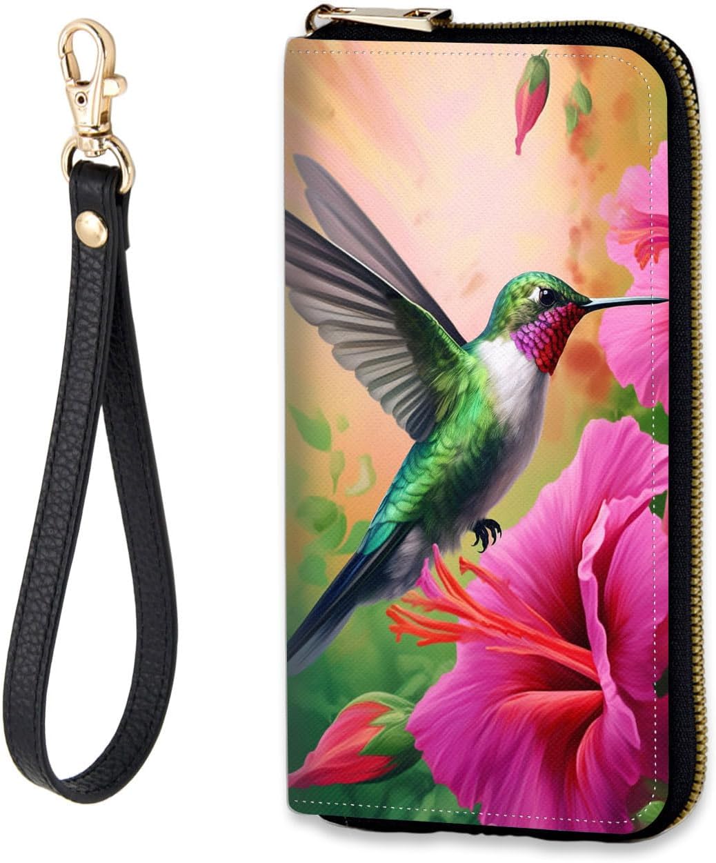 Women's RFID-Blocking Zip Around Wallet with Detachable Wrist Strap, Large Capacity Phone Holder Clutch Purse for Travel,Cute Hummingbird in Flowers