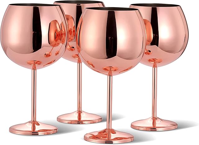 Oak & Steel - 4 Elegant Rose Gold Stainless Steel Copper Balloon Cocktail Gin Goblet Wine Glasses, 700ml - Unbreakable Glass Gift Set for Valentines Wedding Anniversary Birthday Party