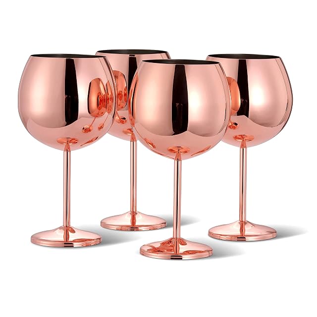Oak Steel - 24oz Big Gin and Tonic Glasses Set of 4 Rose Gold Stainless Steel Balloon Glasses