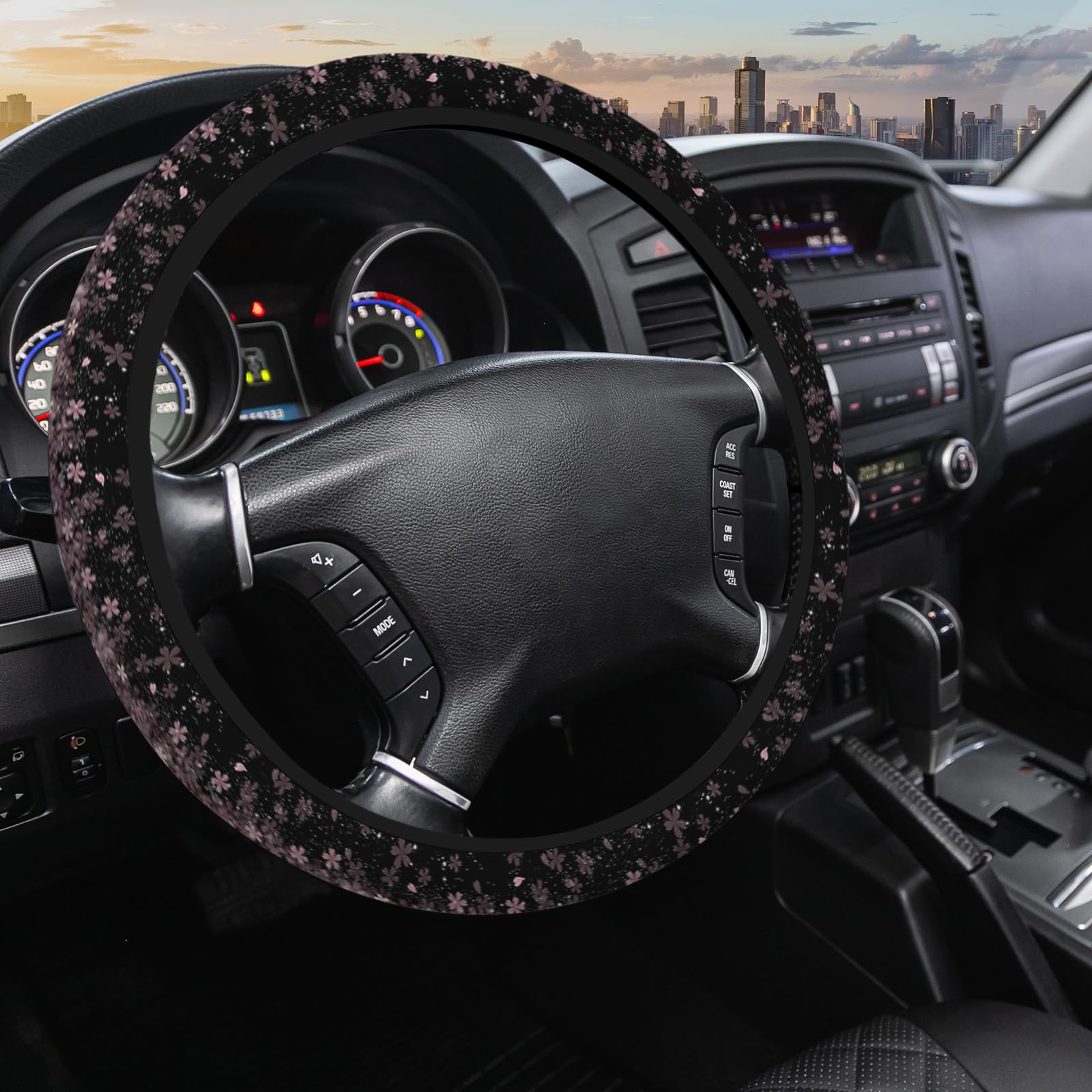 Sisrow Cherry Flowers Steering Wheel Covers - Pink Floral Sky Blossom Spring 15 Inch Steering Wheel Cover - Women's & Men's Car Accessory