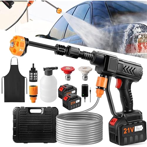 Saker Portable Cordless Pressure Washer, Saker Plus Power Washer, 500 PSI Hand Held Pressure Washer with 6-in-1 Nozzle & 16ft Detachable Hose & Waterproof Apron, for Car,Yard,Garden (2 Batteries)