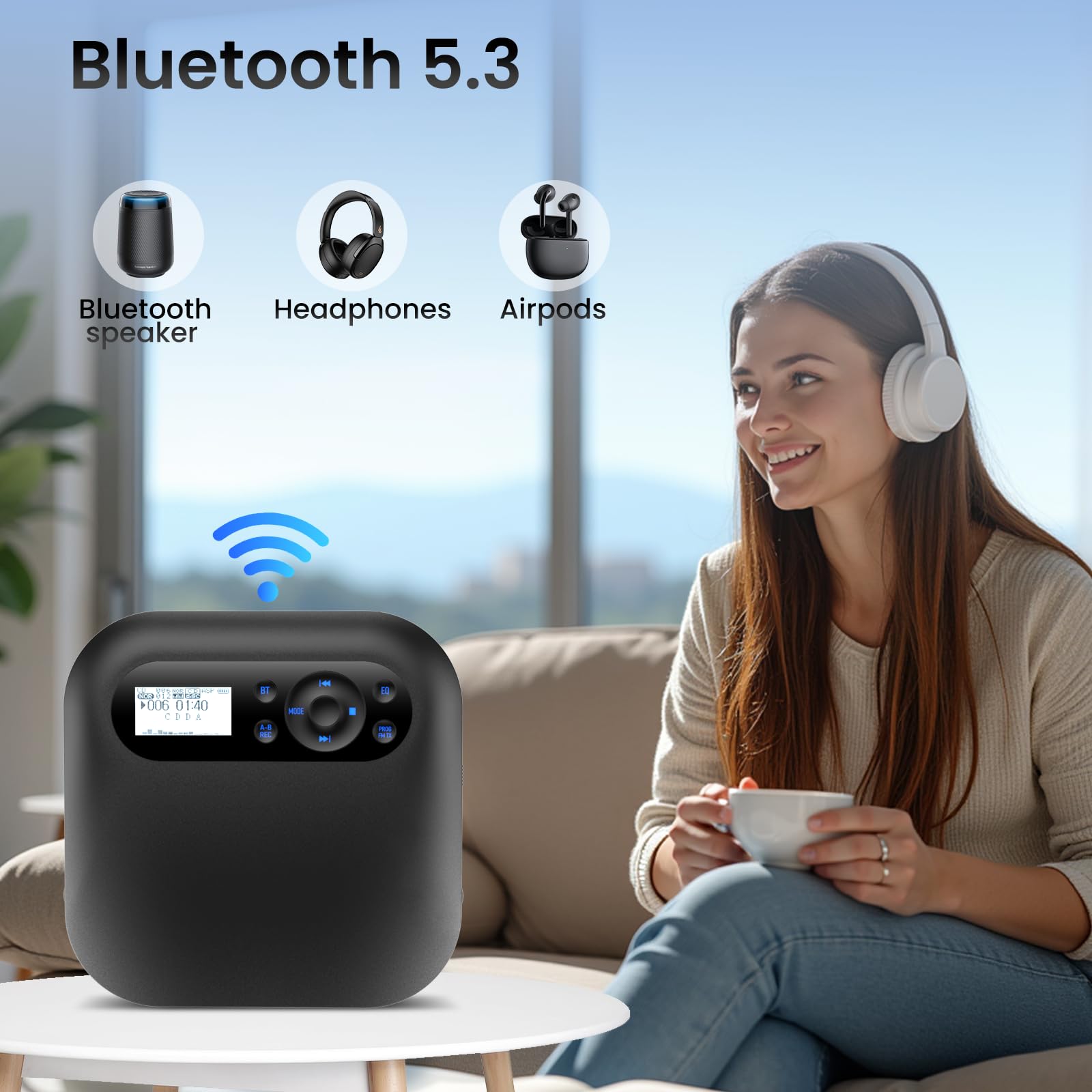 Reproductor CD Bluetooth, Reproductor de CD Recargables para Vehículos con FM,Discman CD Portatil para Dos Altavoces Estereofónicos, Anti-Skip