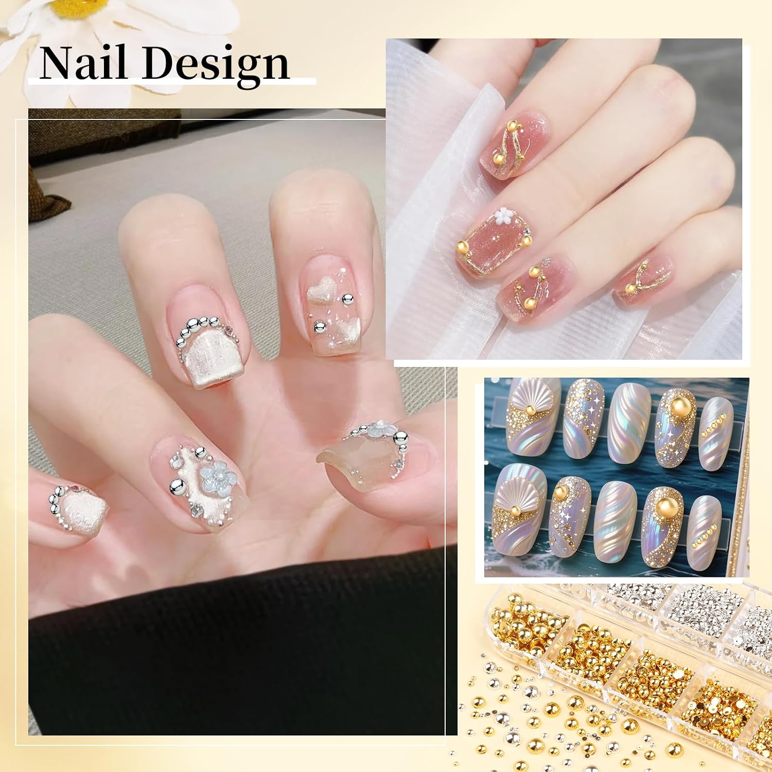 2 Boxes Metal Nail Beads and Flatback Pearls with Tweezers and Brush Kit, 1.5-5mm Gold & Silver Half Round Pearls, 0.8-3mm Gold Silver Small Caviar Beads Balls for Face Makeup Manicure Crafts(3-K2)