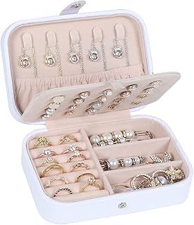 صندوق صغير مزدوج الطبقات منظم للمجوهرات للنساء والفتيات مناسب للسفر شنطة سفر صغيرة محمولة من الجلد الصناعي مناسبة لتخزين الحلقان والخواتم والسلاسل والأساور - أبيض هاتوري