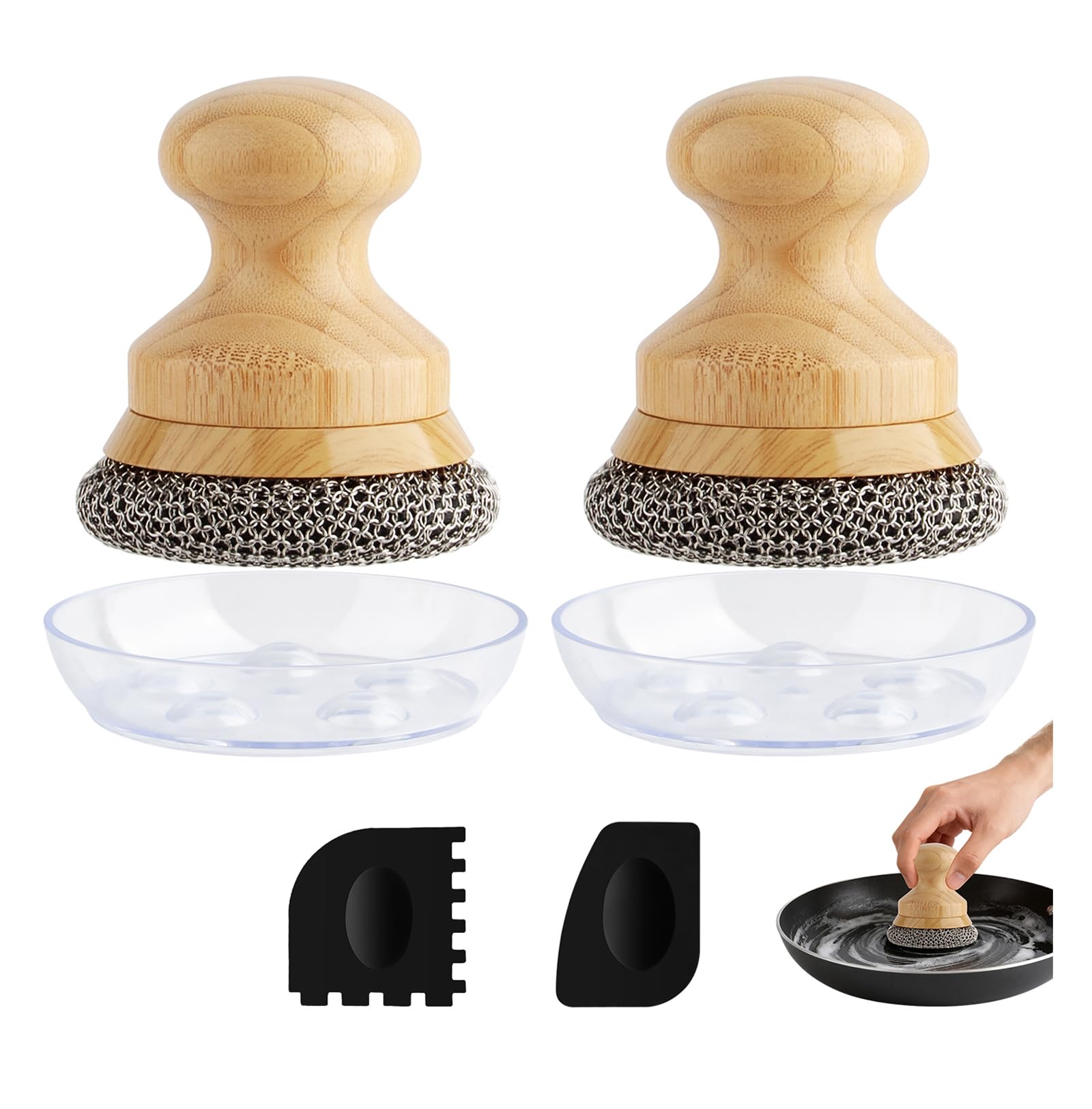 Scrubber for Cast Iron Pan, Pot Cleaner with 2 Scrapers,Chain Mail Cleaning Brush for Dishes, Pots, Pans, Griddles, Grills(Small Chain Mail,2pcs)