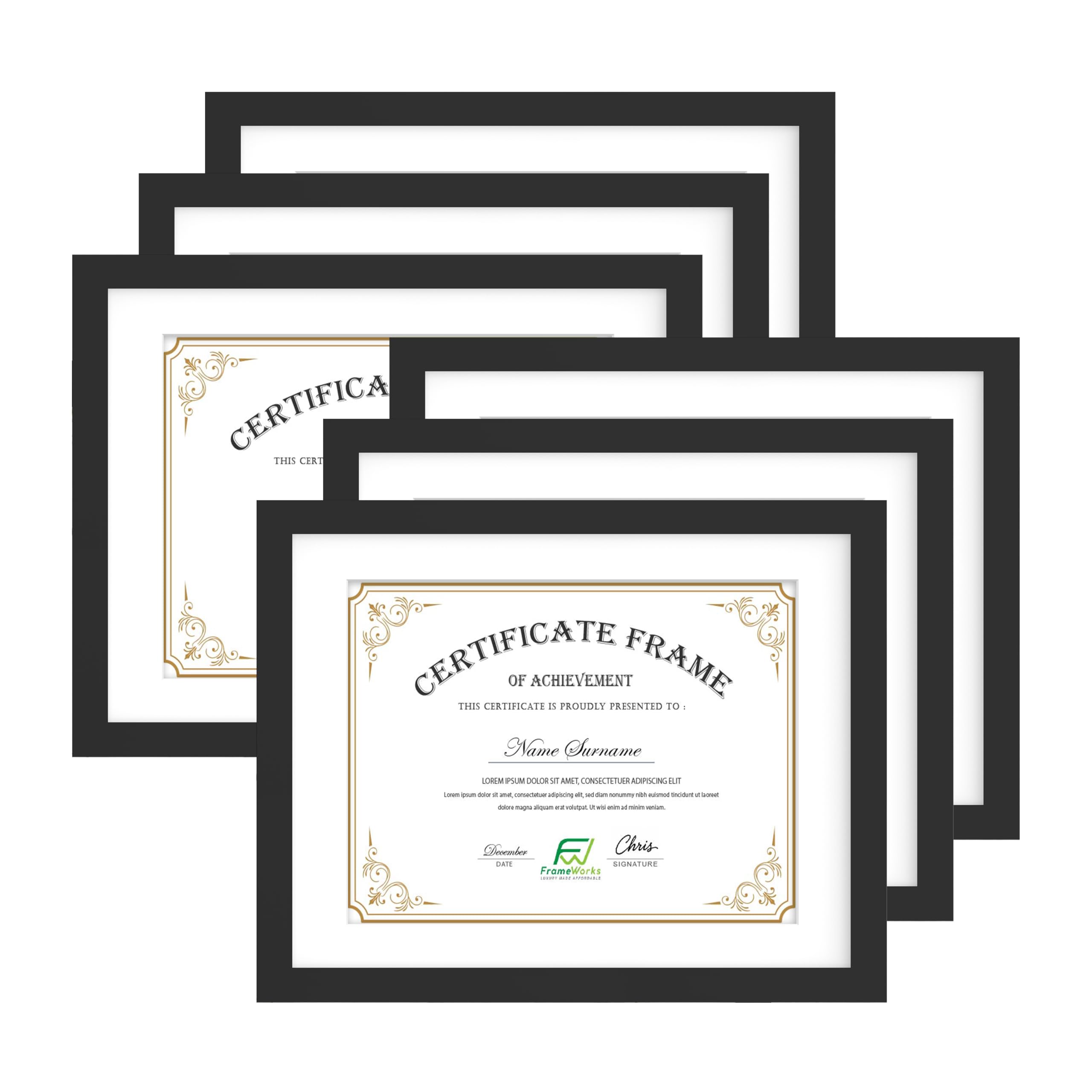 FrameWorks 11x14 mat to 8.5x11 Classic Wooden Document Frames Tempered Glass/Black / 6-Pack