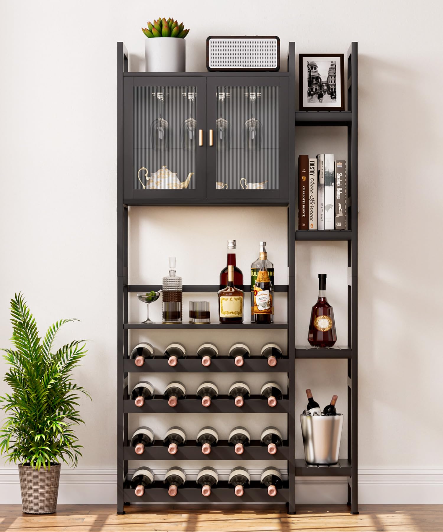 Yorbay Weinschrank für 20 Flaschen, Mehrschichtig Freistehendes Weinregal mit Tür und Glashaltere, Dekorativer Flaschenregal mit Seitenrahmen für Boden, Bar, Küche, Esszimmer