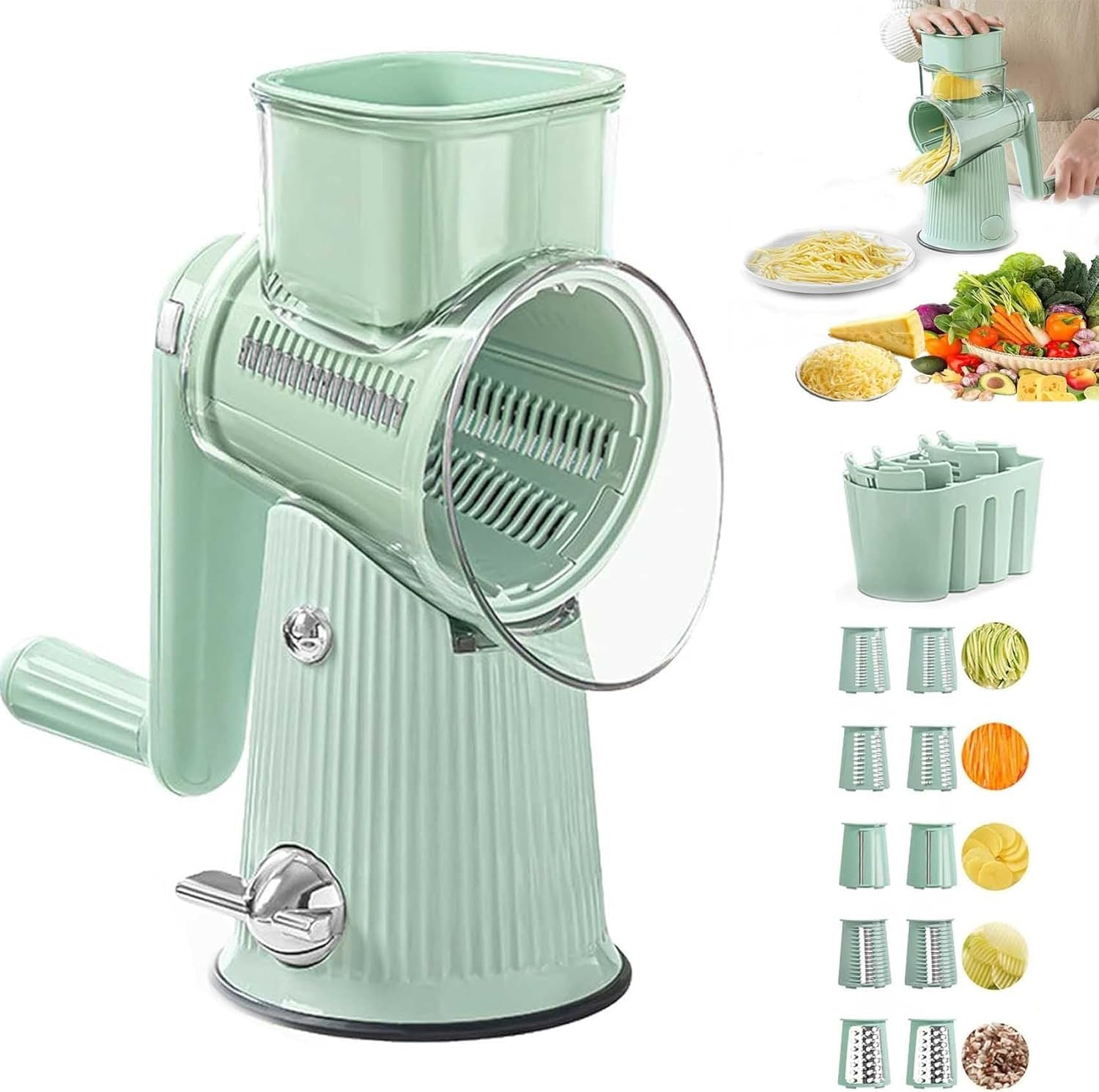 Rallador de queso y cortador de verduras con 10 cuchillas intercambiables y base de succión para patatas, zanahorias, queso, chocolate y más