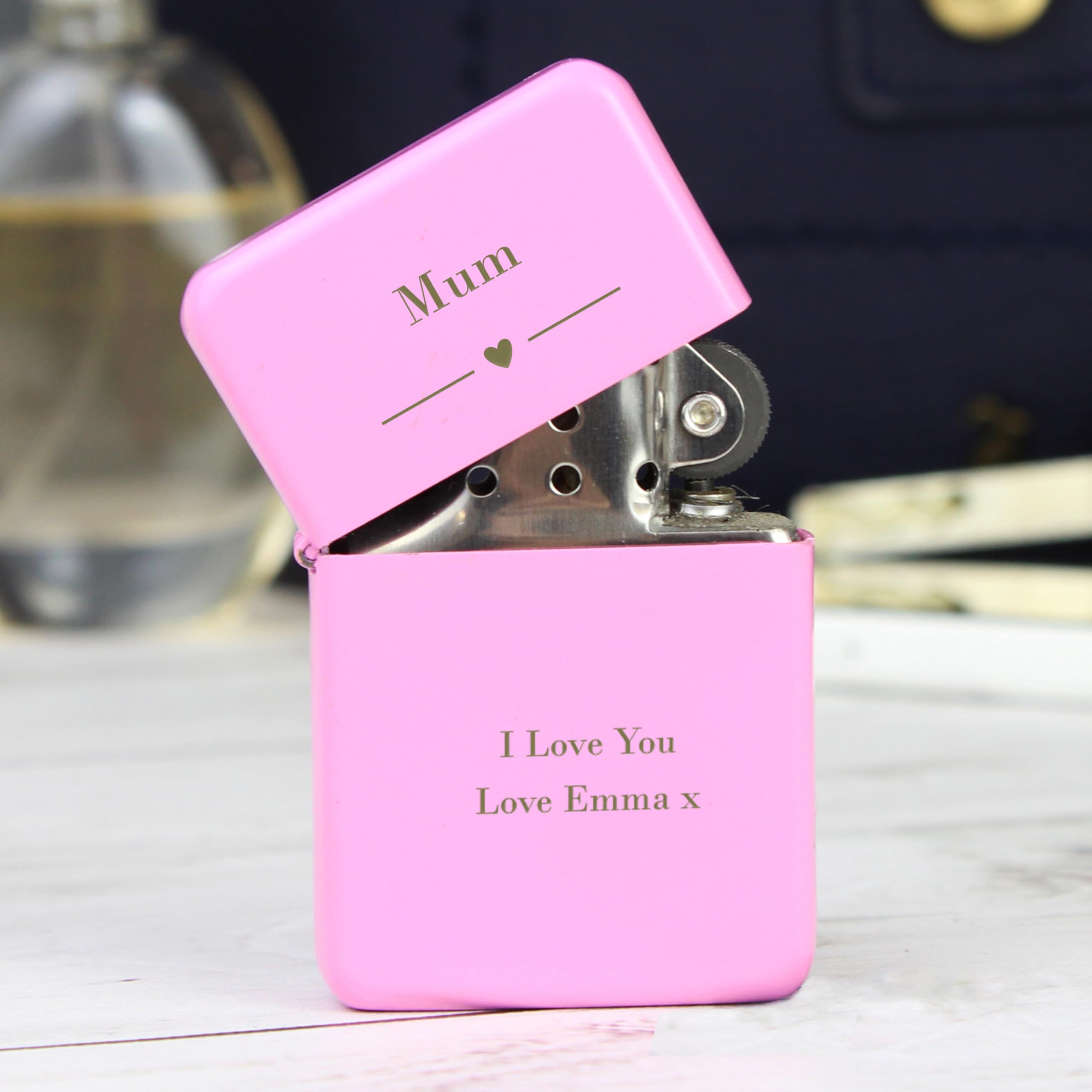 Personalised Memento Pink Custom Personalised Laser Engraved Heart Motif Windproof Lighter. Ideal For Birthdays, Christmas, Weddings.