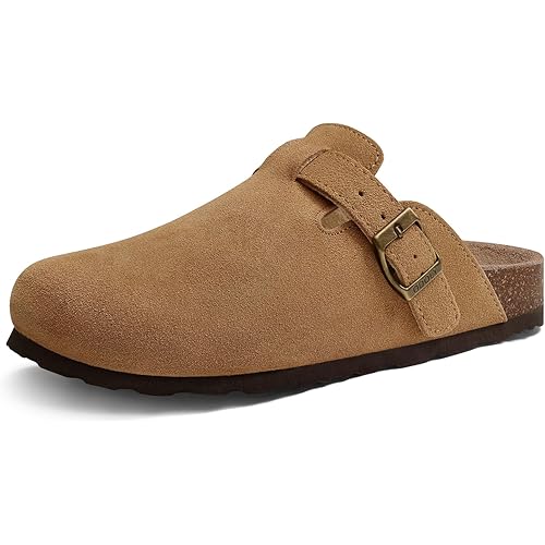 Genuine Suede Clogs for Women Men Soft Cork Footbed Leather Mules Comfort Potato Shoes with Arch Support
