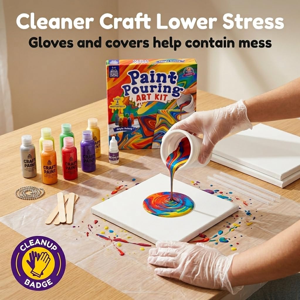 PURPLE LADYBUG Low-Mess Paint Pouring Kit for Ages 6+ - Washable Non-Toxic Painting Kit for Kids with Gloves & Table Cover for Easier Cleanup, Art and Crafts for Kids Ages 8-12, Crafts for Girls 8-12