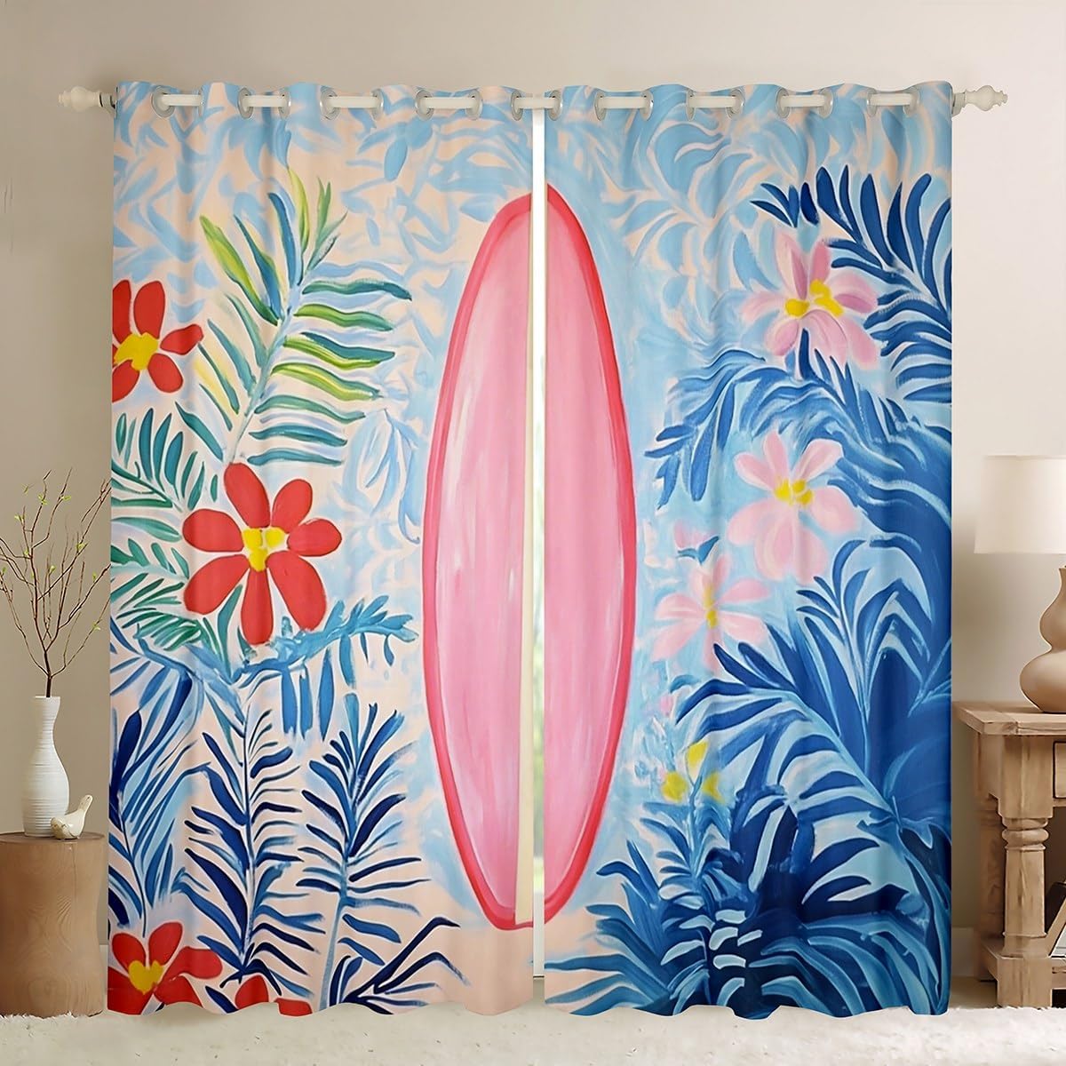 Manfei Pink Surfboard Blackout Curtain Tropical Flower Palm Leaves Window Drapes, Summer Ocean Theme Window Treatments, Kids Girls Room Decor, Grommet Top 2 Panel Set Bedroom Curtains, 38Wx45L inch