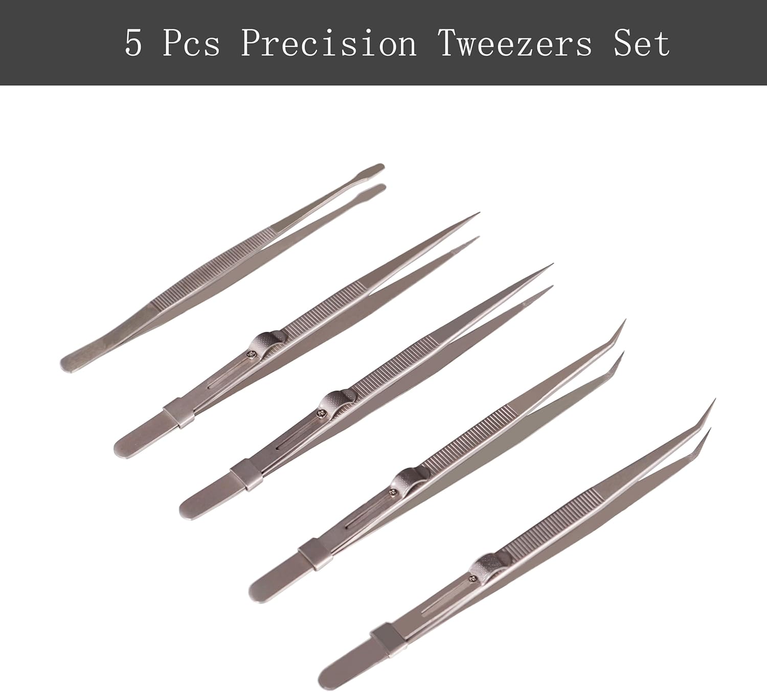 5Pcs Precision Tweezers Set, Flat/Pointed/Curved Angled Locking Long Tweezers for Crafts, Medical Surgical, Lab, Soldering, Jewelry Crafting, Watch & Electronics/Car Repair,Splinter Removal