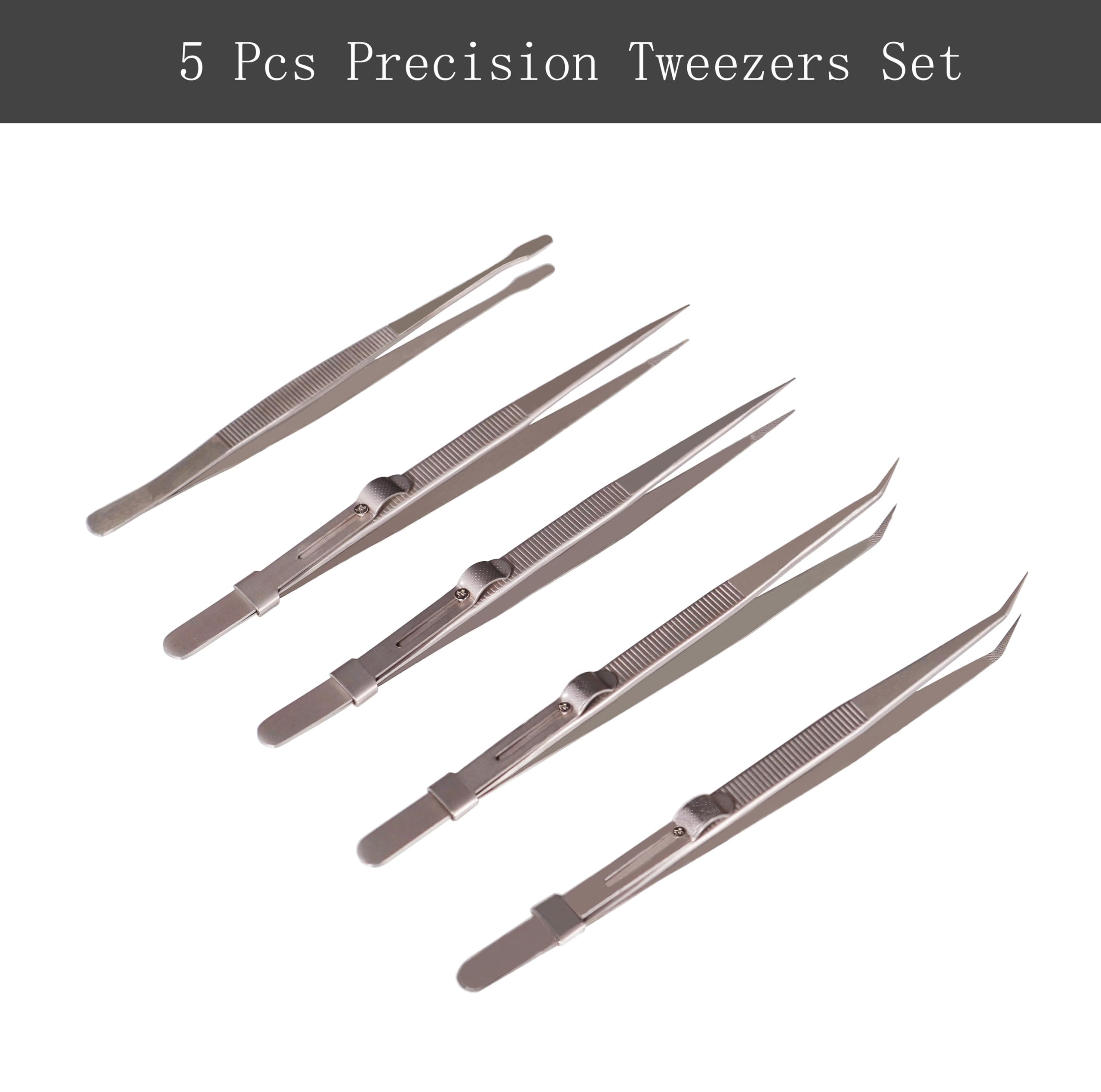 Juego de 5 pinzas de precisión, planas/puntiagudas/curvadas con bloqueo en ángulo para manualidades, cirugía médica, laboratorio, soldadura, joyería, relojes, electrónica/reparación de