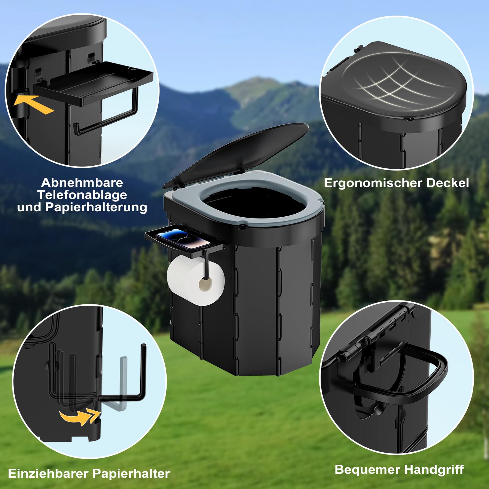 WADEO Tragbare Camping- und Autotoilette mit komfortablem EVA-Sitz, Klapptoilette für Erwachsene (Männer und Frauen), Hygieneeimer mit integriertem Deckel, Papierhalter, Handyablage und 20 Beutel
