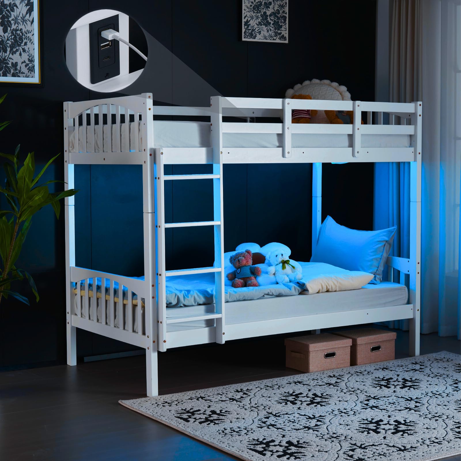 VINGLI Solid Wood Bunk Bed Twin Over Twin, Bunk Beds with Storage Underneath for Kids and Adults with LED Lights/USB Port Charging Station/Extra 15 inches Tall Guardrail, White
