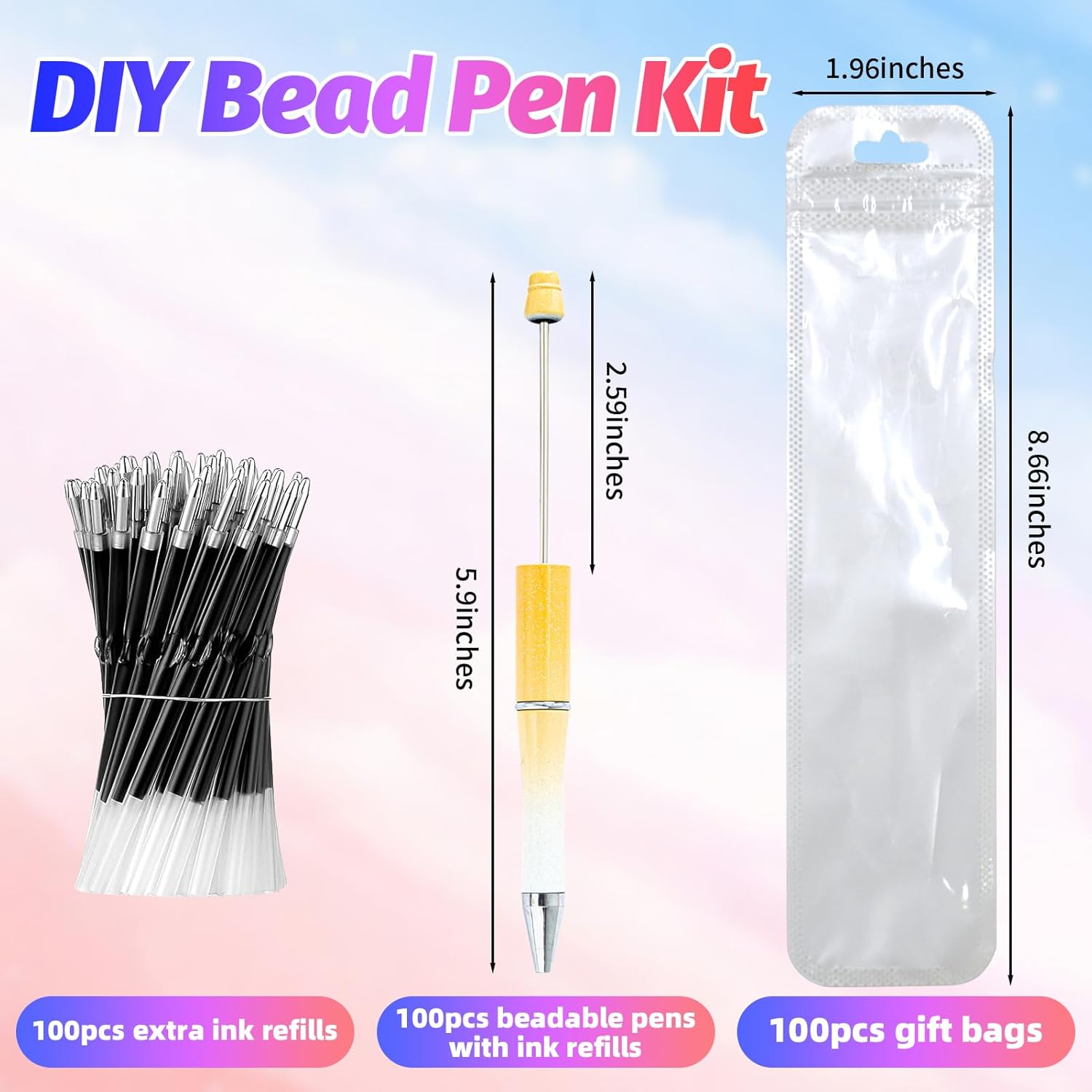 300 Pieces DIY Beadable Pens Kit - 100 plastic Beadable Pens Bulk, Refills & pen bags Included - Beaded Pens Black Ink Ballpoint Cute Pens（Gradient）