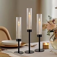 Vista 6 de Portavelas color negro, juego de 6 portavelas cónicos de cristal, soportes de metal para velas a granel con cubierta de vidrio acanalado para mesas