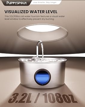 Cat Water Fountain Stainless Steel - 108oz/3.2L Automatic Cat Water Fountain for Drinking with 10PCS Filters, Metal Pet Water Fountain Water Dispenser for Cats, Puppy, Multiple Pets