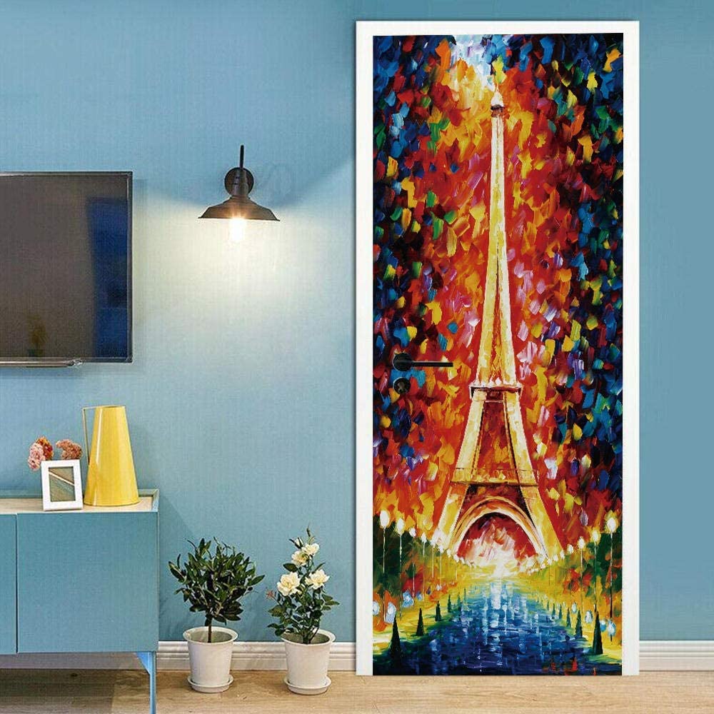 3D Door Mural Self Adhesive Waterproof Art Door Stickers Oil Painting Building Tower 77 X 200 Cm Kids Girls Boys Bedrooms Bathroom Toilet Home Decoration Decal Art Poster Removable Wallpaper Living R