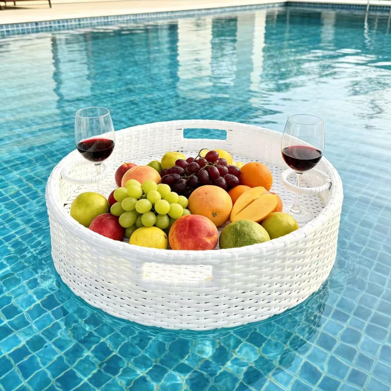 Round Floating Tray for Pool with Drink Holder Extra Large Serving Tray with Handles for Ottaman 24 Inch Waterproof Outdoor Floating Card Game Table, Brown