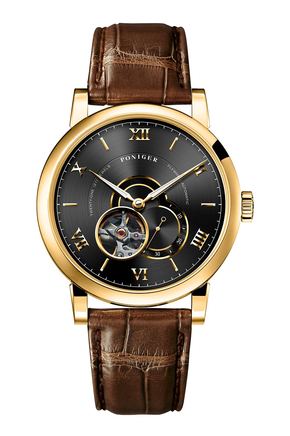 LOBINNI Herren-Armbanduhr, automatisch, mechanisch, modisch, wasserdicht, leuchtend, luxuriös, goldfarben, Lederarmband/Edelstahl