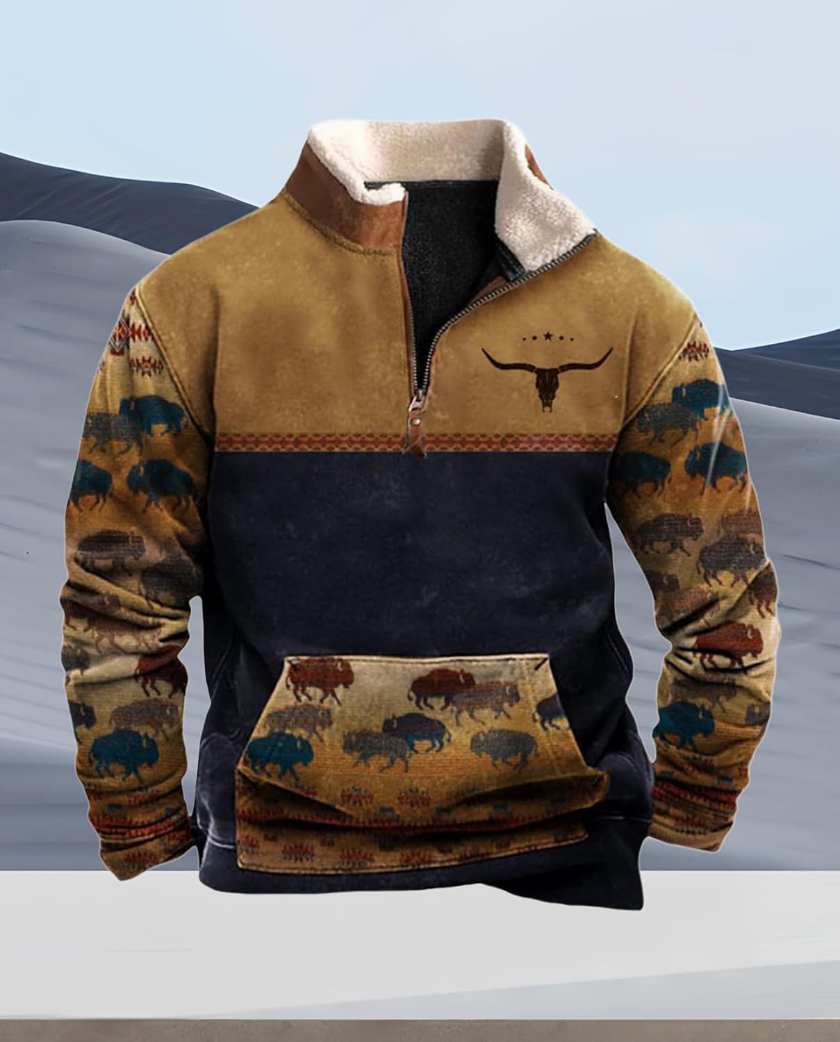 Western Sweatshirts for Men Aztec Cowboy Vintage Graphic Fleece Hoodie Mens Quarter Zip Pullover Country Jacket - Image 3