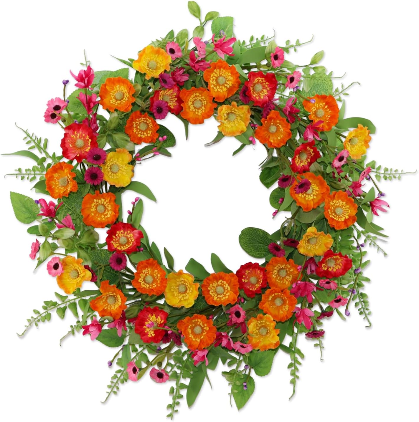 Spring Summer Wreaths for Front Door,22 Inch Artificial Spring Summer Poppy Flower Wreath with Wildflowers,Eucalyptus Leaves for Indoor Outdoor Wall Porch Festival Farmhouse Home Holiday Decor.