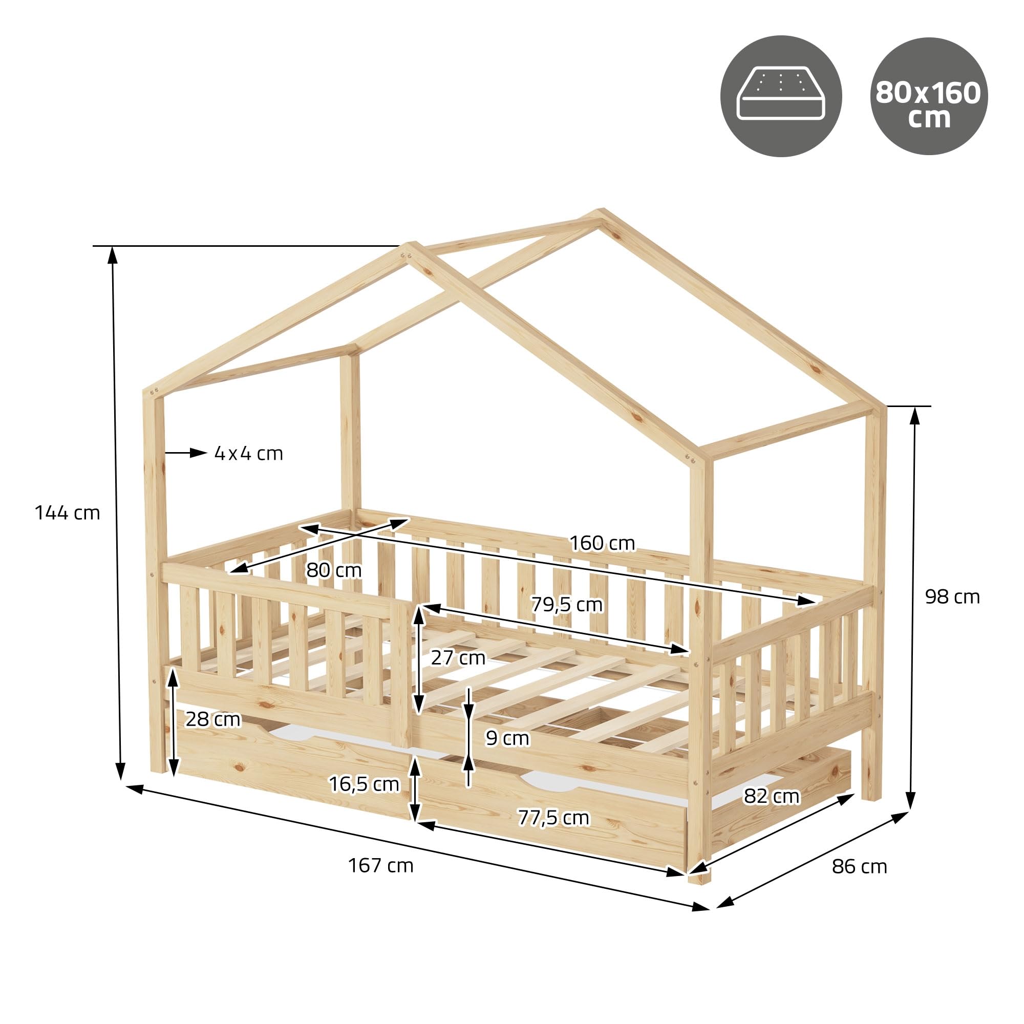 ML-Design Cama Infantil Casa 80x160 cm Madera Maciza Natural de Pino con Colchón, Casita Estilo Montessori con 2 Cajones, Somier de Láminas, Techo y Protección Anticaída, Cuna Baja de Suelo para Niños
