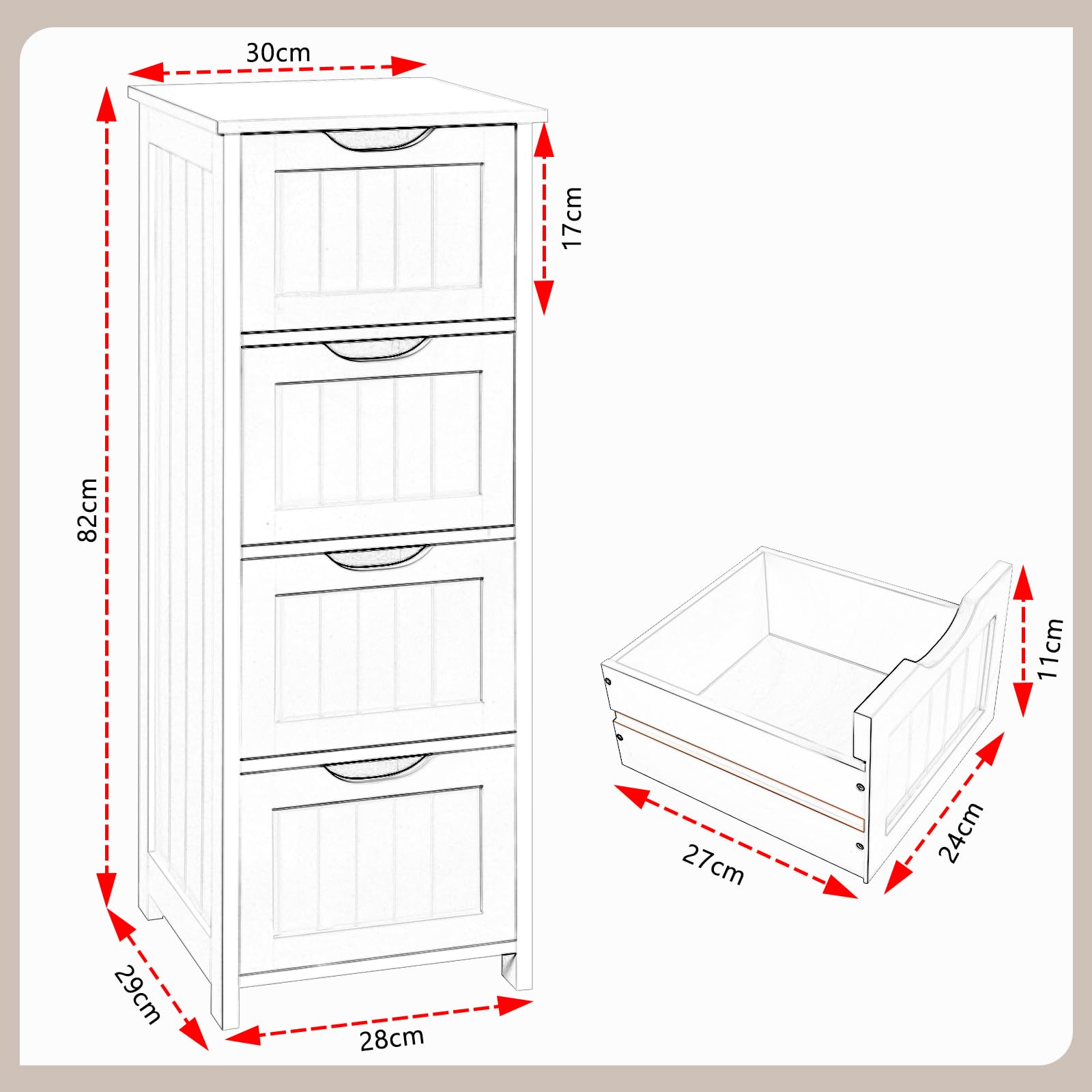 eSituro Armario de Suelo para Baño Auxiliar Pequeño Mueble Organizador de Cajones Laterales con 4 Cestas MDF Blanco 28 x 29 x 82 cm
