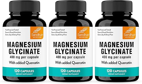 Miniatura 1 de Cápsulas de alta absorción de glicinato de magnesio de 400 mg con quercetina  Suplemento de calidad para dormir, relajación y salud muscular para