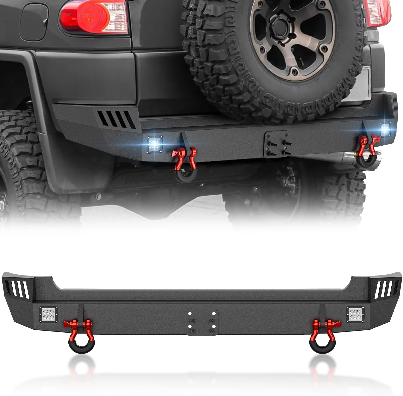 YZONA for FJ Cruiser Rear Bumper Compatible with 2007 2008 2009 2010 2011 2012 2013 2014 Toyota FJ Cruiser 1st Gen with 2 x 18W LED Lights, Tow Hitch Plate (Tow Hitch Not Included) & D-rings, Black