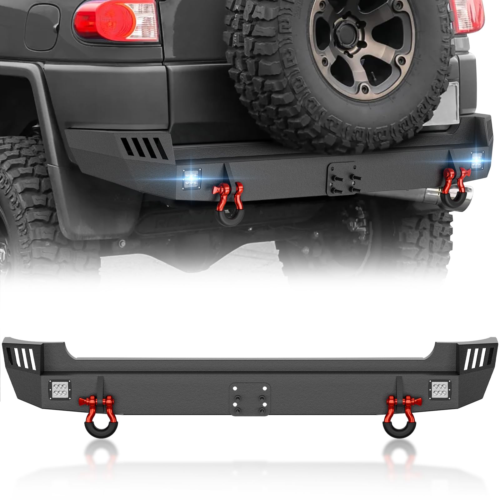 for FJ Cruiser Rear Bumper Compatible with 2007 2008 2009 2010 2011 2012 2013 2014 Toyota FJ Cruiser 1st Gen with 2 x 18W LED Lights, Tow Hitch Plate (Tow Hitch Not Included) & D-rings, BlackRecycled Claim Standard 100