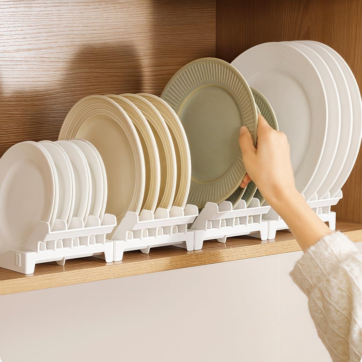 Dish Rack, Kitchen Dish Rack with Water Drain Tray, Space-Saving Plate Organizer for Countertop and Cabinet, Durable Multi-Purpose Plate Holder Organizer Fits 8 Dinner Plates